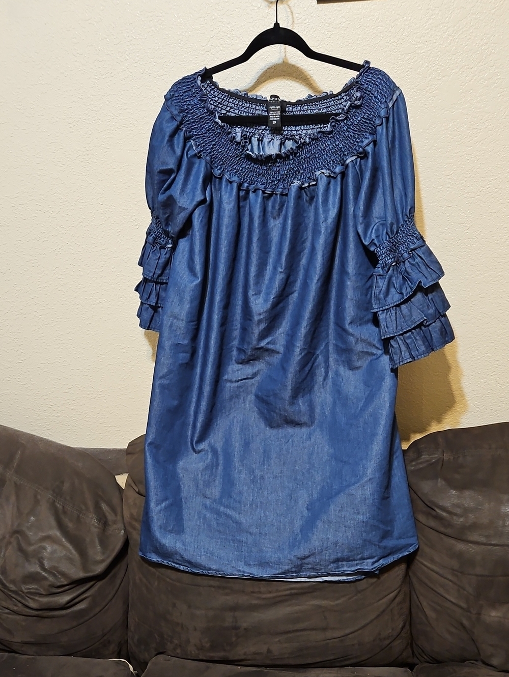 Eighty Eight Blue Smocked Off-Shoulder Midi Dress with Tiered Ruffle Sleeves
